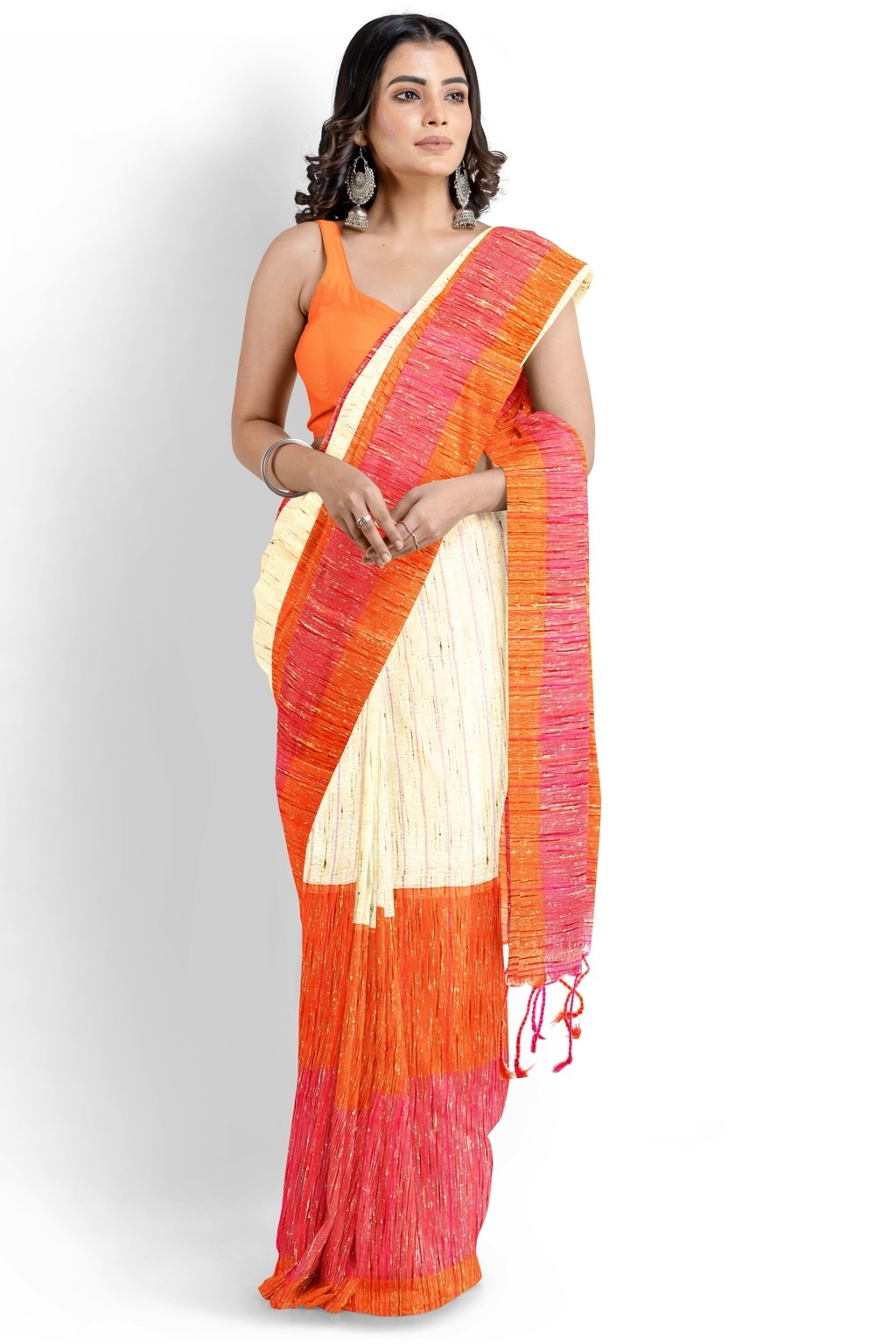 Orange White Pure Cotton Kusu Hand Loom Saree (1281)